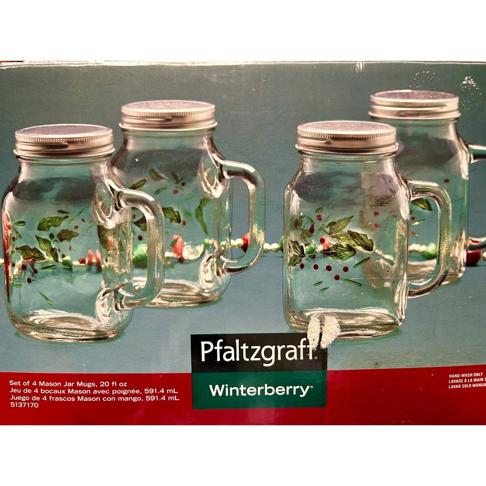 Pfaltzgraff Winterberry Mason Jar Mugs Set of 4 with Lids 20 oz Glass 5137170